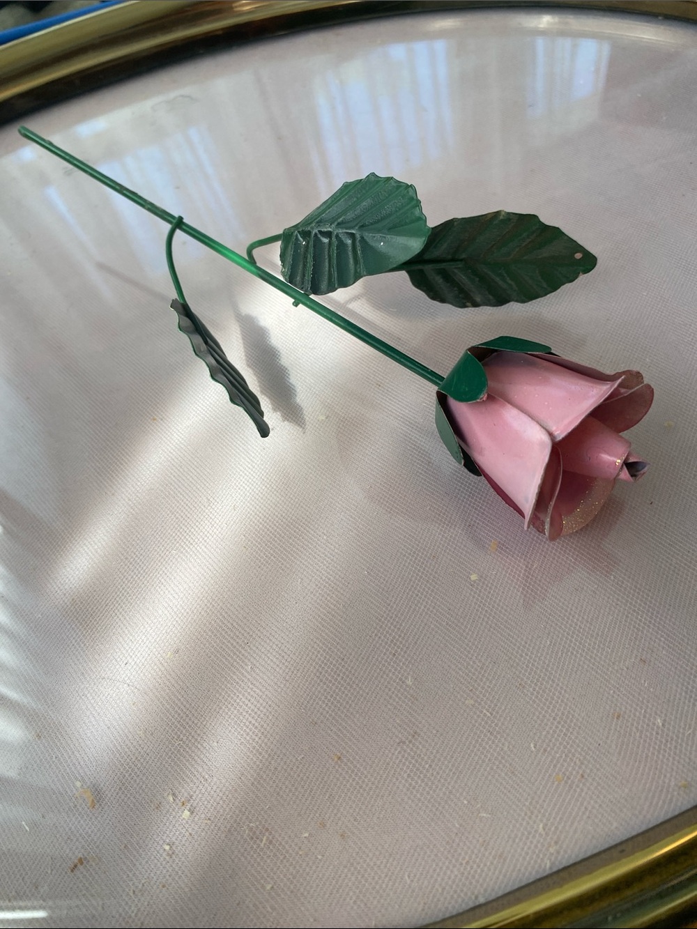 Vintage Decorative Pink Metal Rose Stem in Green Leaves